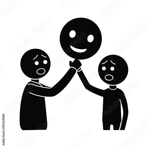 Two sad people holding a happy face mask between them showing fake happiness and deception