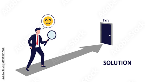 Determined businessman using a magnifying glass to find a path toward an exit door with a happy emoji bubble indicating a solution found.