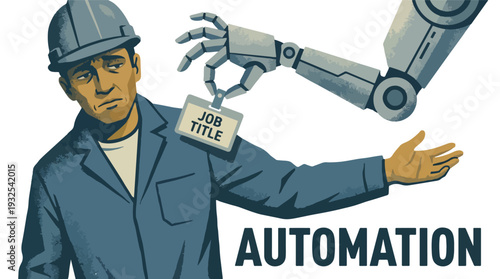 Editorial illustration of robot taking job title badge from human worker