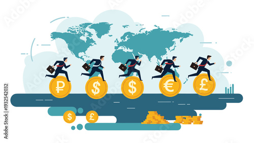 Diverse group of businessmen running on giant gold coins representing different global currencies with a world map in the background.