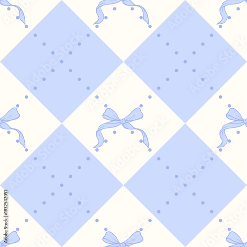 Coquette seamless pattern blue bow with ribbons on argyle background. Girly cute checkered wrapping paper or tablecloth textile. Repeat wallpaper texture. Vector illustration