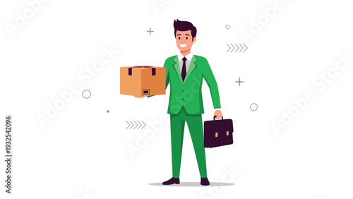 Friendly businessman in a green suit holding a delivery package and a dark briefcase ready for shipping or professional courier services.
