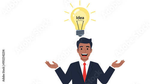 Cheerful businessman with a bright light bulb idea appearing over his head as he opens his arms in a gesture of discovery and success.
