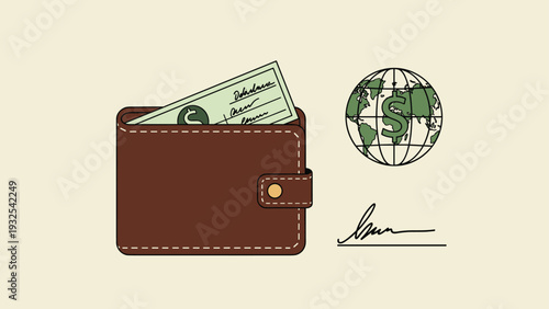 Brown leather wallet contains a check next to a world globe icon with a dollar sign and a handwritten signature.