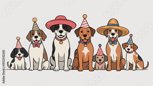 Seven dogs wearing party hats and accessories celebrating birthday