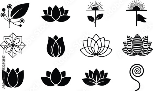 Floral Logo Icon Set Featuring Minimalist Lotus Flowers, Blooming Buds, and Decorative Leaf Elements in Black Vector Silhouette.