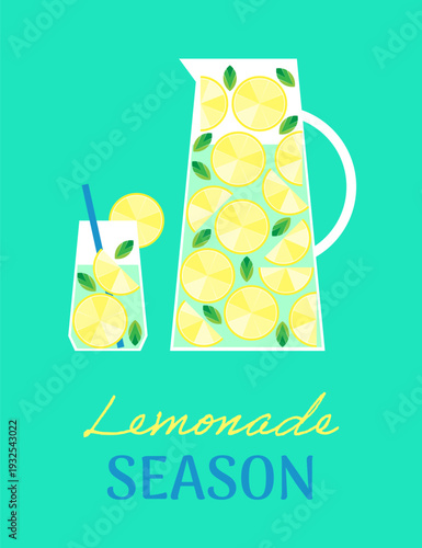 Illustration of the jug and glass with lemon lemonade drink and mint leaves