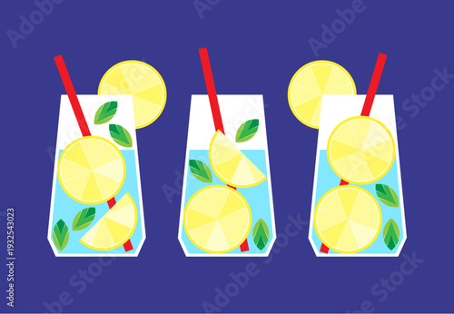 Illustration of the glasses with citrus lemonade drink, lemons and mint leaves
