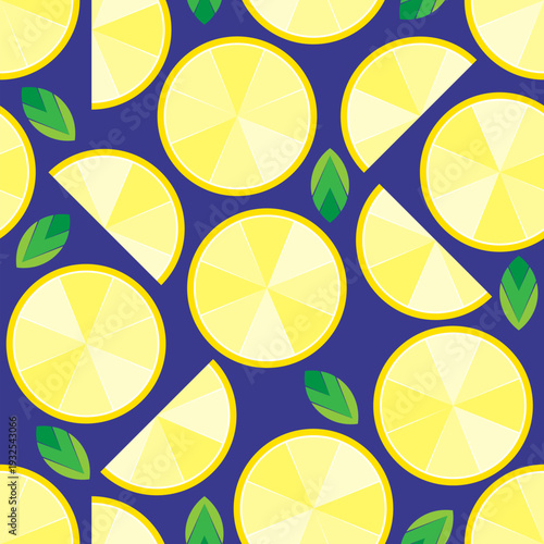 Seamless pattern of the lemon slices and mint leaves