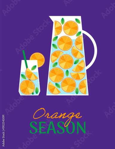 Illustration of the jug and glass with orange lemonade beverage, orange slices and mint leaves. Summer seasonal poster