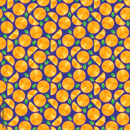 Seamless pattern with orange lemonade beverage, orange slices and mint leaves