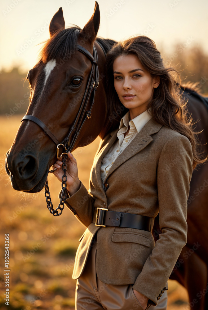 Obraz premium Portrait of elegant woman standing with horse in warm sunset light. Luxury equestrian lifestyle and countryside fashion concept.