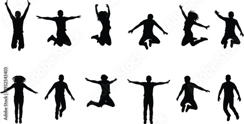 Silhouettes of people in joyful jumping poses, dynamic motion concept, expressive body language study, human movement illustration design