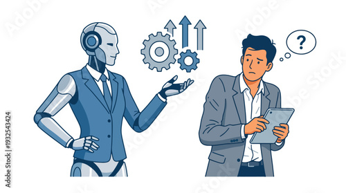 Illustration of humanoid robot standing confidently while human employee looks uncertain
