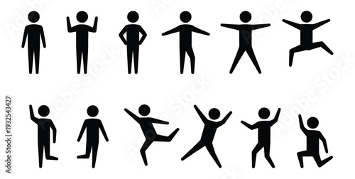 Stick figure people icon collection representing different poses, basic motion concepts, human silhouettes