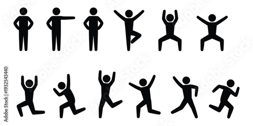 Stick figure icon set featuring basic movement poses, man gestures, human silhouettes, pictogram people symbols, and clean vector illustration