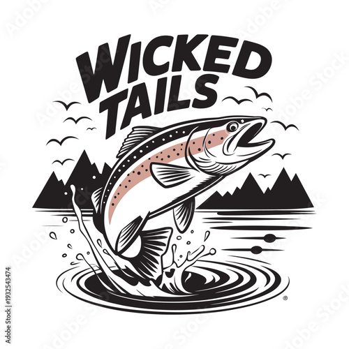 Wicked tails fish jumping out of water with mountains and birds background