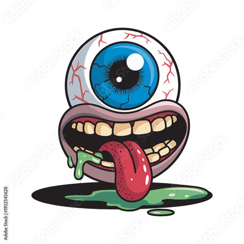 Cartoon eyeball with open mouth, long tongue, and green drool on white