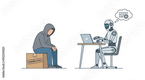 Unemployed Man Sitting on Box while Robot Works on Laptop in Modern Office, Symbolizing Job Replacement
