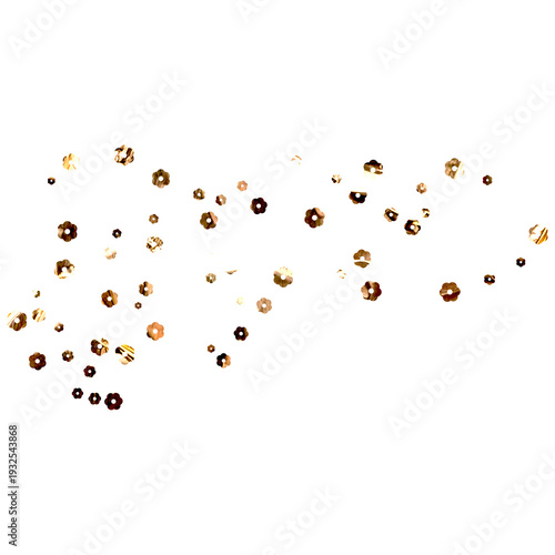 Scattered golden flower sequins isolated on transparent background