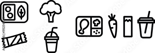 Four distinct icons showcase various food items such as a lunchbox with leaves, a tree representing vegetables, a snack bar, and a drink with a straw, all in simple design.
