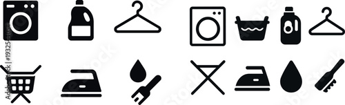 Various laundry and cleaning items arranged neatly, including a washing machine, laundry detergent, a hanger, shopping cart, iron, and a droplet. A clean and organized space for household chores.