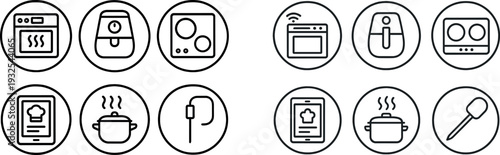 Various cooking icons depict essential kitchen tools and appliances, showcasing an oven, air fryer, stove, tablet with recipe, pot, and thermometer. Ideal for culinary inspiration.