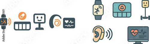 Various icons illustrate aspects of health technology including fitness tracking, medication management, and health monitoring, emphasizing the integration of tech in daily wellness.
