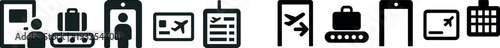 Travelers navigate airport security, placing luggage on conveyor belts and preparing for checks while managing boarding passes in a bustling terminal atmosphere.