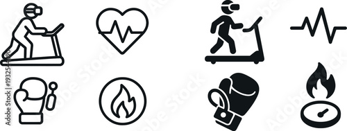 Collection of icons representing fitness and wellness activities. Features a person on a treadmill, a heart with a pulse, boxing gloves, and a flame symbolizing energy and effort.