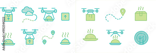 Drones transport food and packages in a city, showcasing the delivery process. The journey includes clouds, destination points, and steaming dishes, illustrating efficiency.