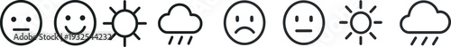 Four simple icons represent various emotions and weather conditions. The first shows neutrality, followed by happiness, sun, and rain, demonstrating the connection between feelings and climate.