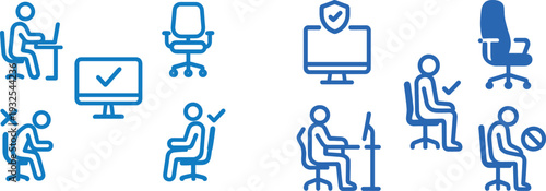 Individuals demonstrating ideal and poor sitting positions at computer desks. Includes proper alignment tips for enhancing comfort and reducing strain during work activities.