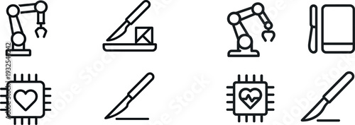A collection of minimalist icons representing robotic arms, cutting tools, and microchips highlights the fusion of technology and craftsmanship in design.