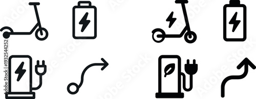 Symbols of an electric scooter, battery, charging station, and directional arrow mark the shift to eco-friendly urban transport, promoting sustainability and innovation.