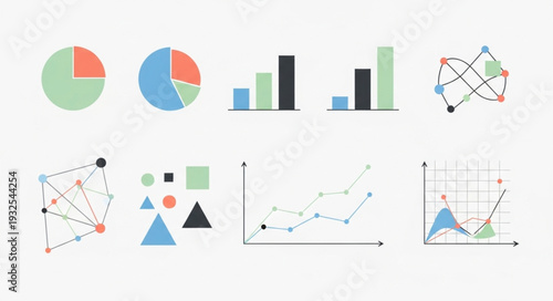 Various data visualization charts and graphs representing information and statistics.