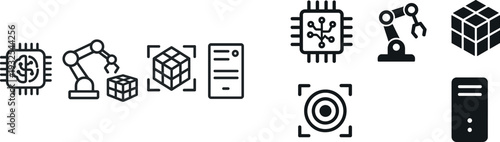 A series of icons represent advancements in technology, featuring artificial intelligence, robotic arms, automation processes, and data documentation.