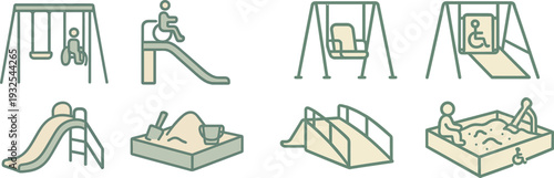 Playground features include swings for all abilities, a slide accessible for children in wheelchairs, and a sandpit with tools for imaginative play. A welcoming space for everyone's enjoyment.