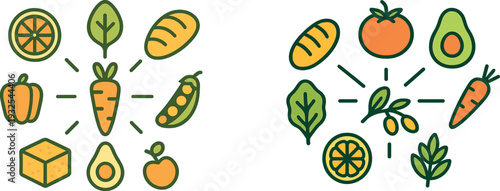 A vibrant collection of fruits and vegetables is depicted, including carrots, peppers, avocados, and oranges. The arrangement emphasizes healthy eating and nutrition.