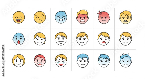 Collection of various cartoon faces expressing different emotions and feelings.
