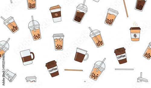 Modern Seamless Pattern of Boba Tea and Coffee Drinks on White Background