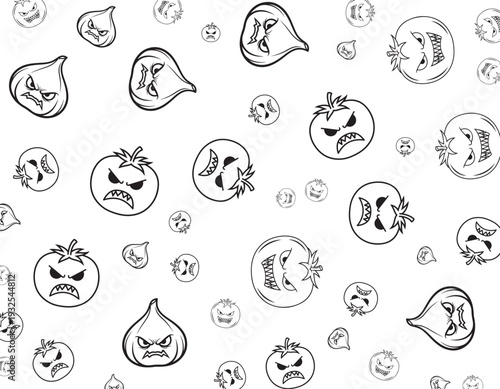 Various cartoon pears with different facial expressions scattered randomly on a plain white background from a straightforward viewpoint