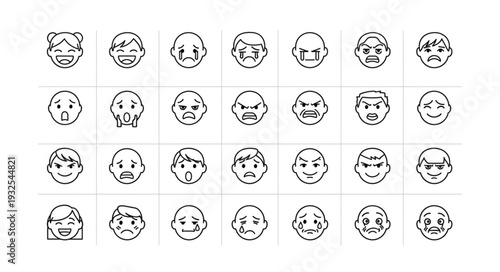 Collection of various sketched faces depicting different human emotions and expressions.