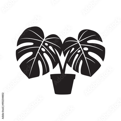 Stylized Monstera Deliciosa Plant in Pot Vector Silhouette - Tropical Houseplant Icon