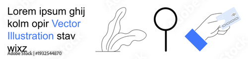 Business marketing, e-commerce, education, digital payment, branding, and search concepts. Minimalist hand holding a card, a magnifying glass and abstract plant. Digital payment and search in focus