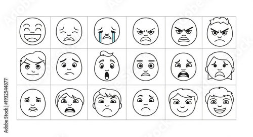 Collection of various facial expressions and emotions displayed in a grid format.