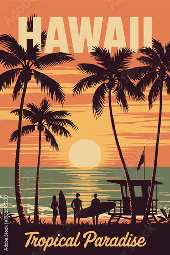 Hawaii Vintage Travel Poster Featuring Sunset Beach Surfers, Lifeguard Station, Palm Trees and Coastal Ocean View, Retro Style Vector Illustration Background for Postcard and Card Design