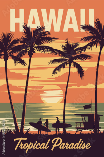Hawaii Vintage Travel Poster Featuring Sunset Beach Surfers, Lifeguard Station, Palm Trees and Coastal Ocean View, Retro Style Vector Illustration Background for Postcard and Card Design
