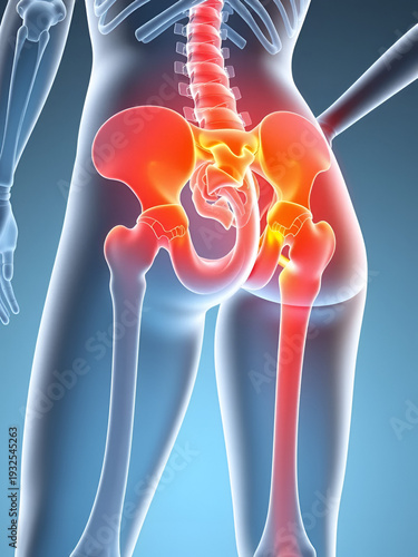 3D anatomy of a woman showing hip pain and inflammation. Medical visualization
