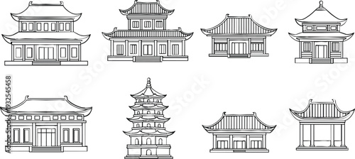 Traditional Asian temple and pagoda line art vector set with classic Chinese and Japanese architecture buildings for travel, culture, history, and illustration designs